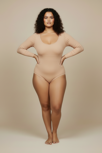 Beige långärmad body - frontal pose