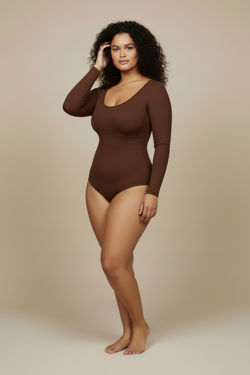 Brun långärmad body - tre-kvarts vinkel