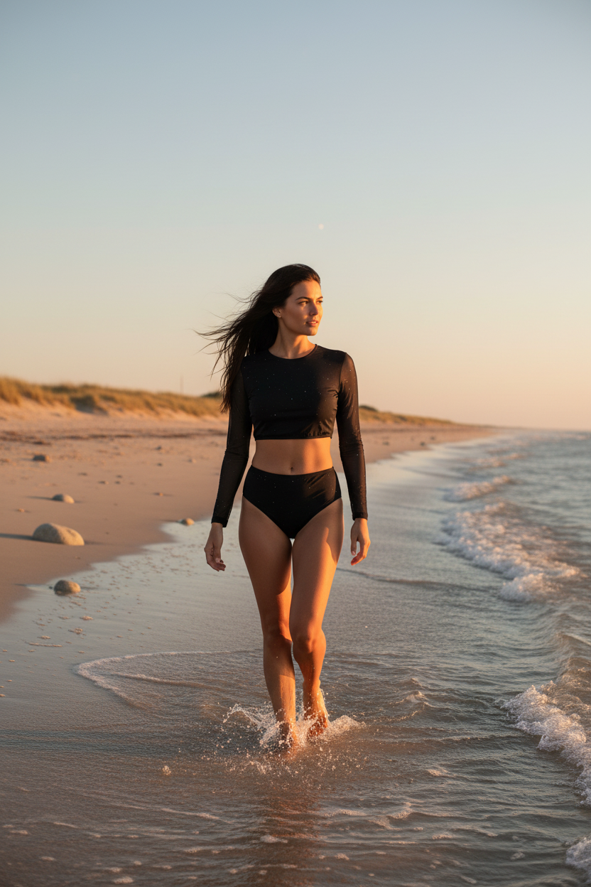 Modell gående längs strandkanten