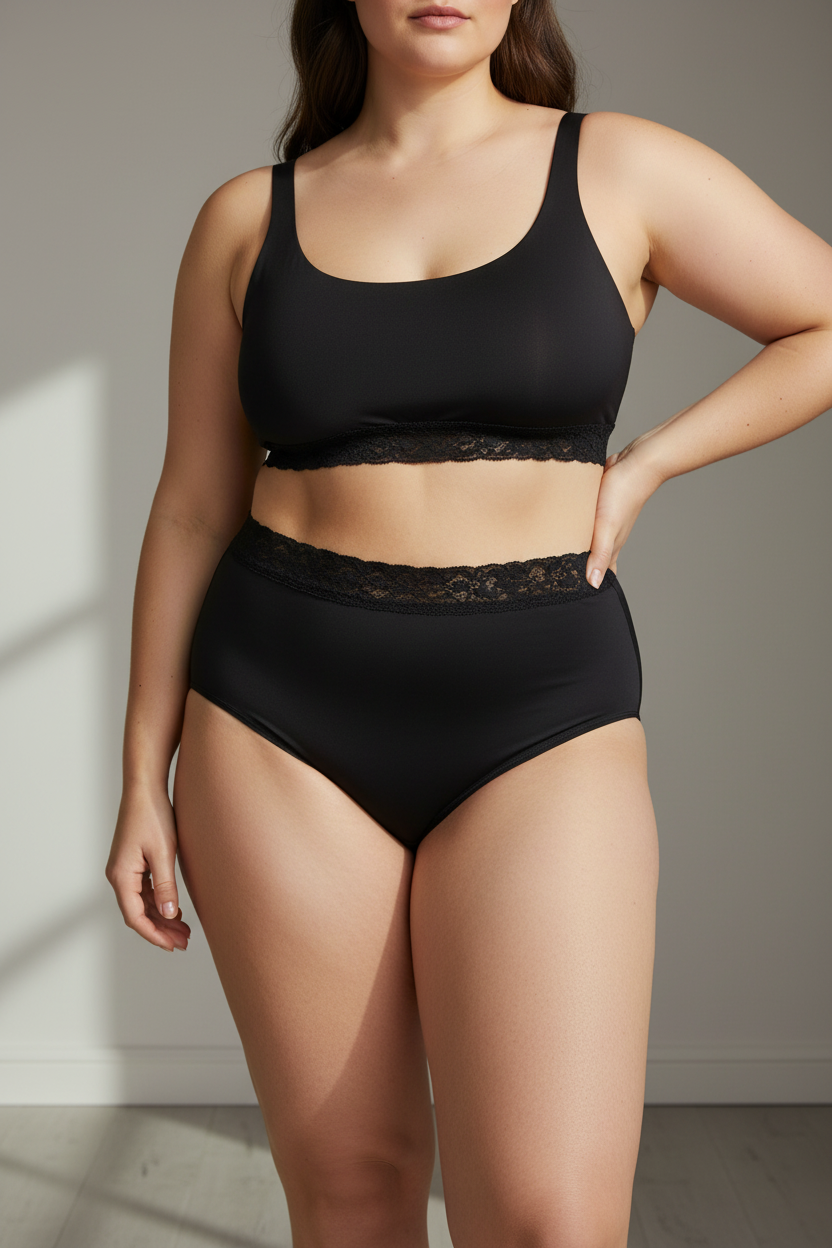 Modell plus-size med menstruationstrosor