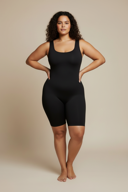 Plus size modell svart shapewear med beige bakgrund