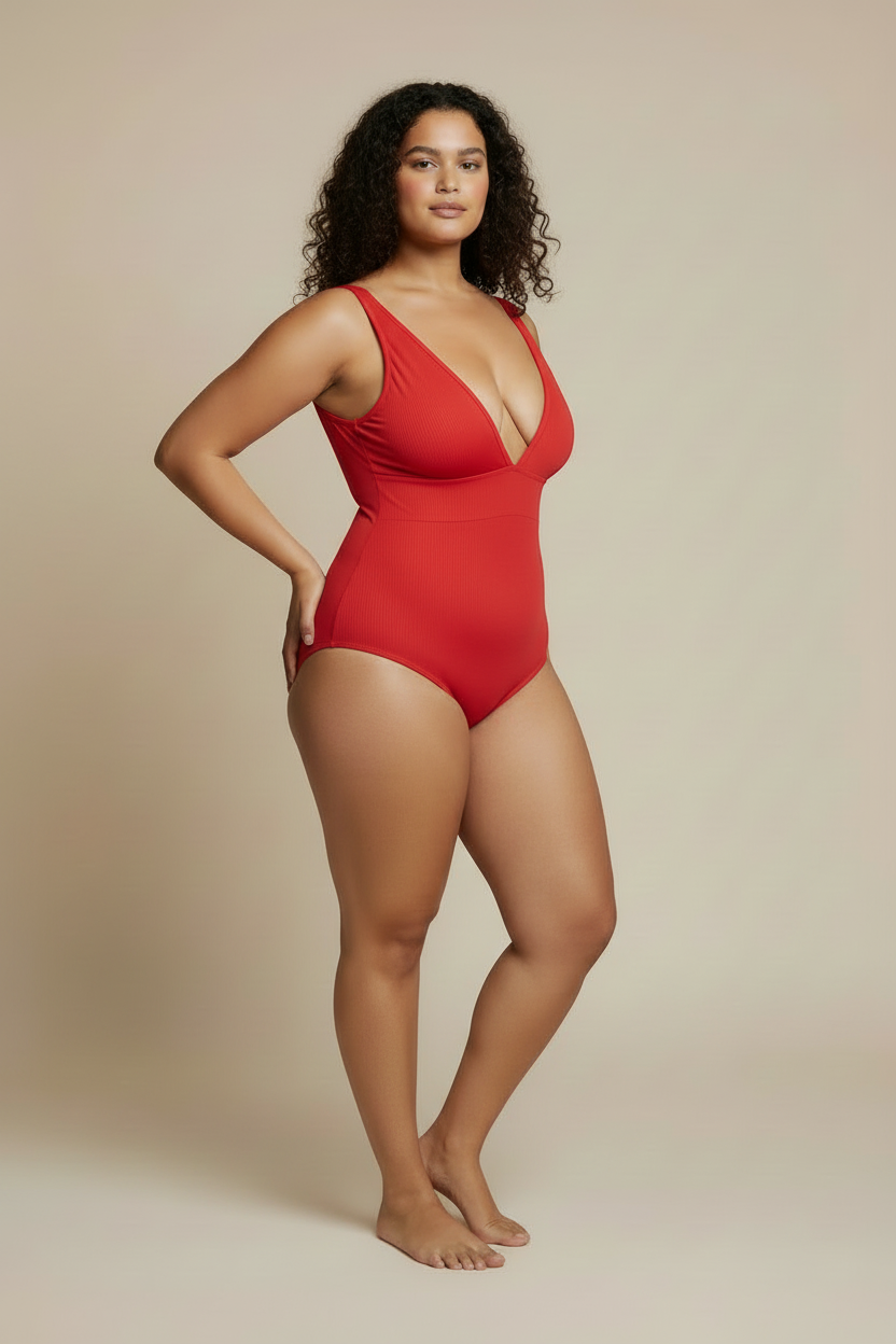 Röd bodysuit - händer på höfterna