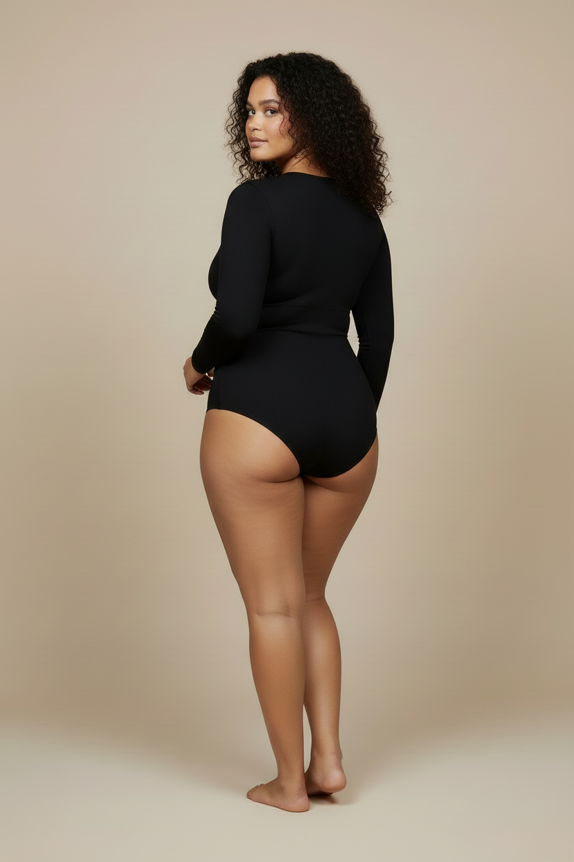 Svart långärmad body - bakifrån med hög rygg